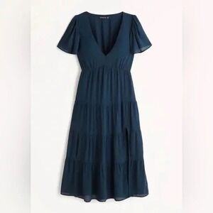 Abercrombie & Fitch Navy Blue Flutter Sleeve Tiered Midi Dress Women XL